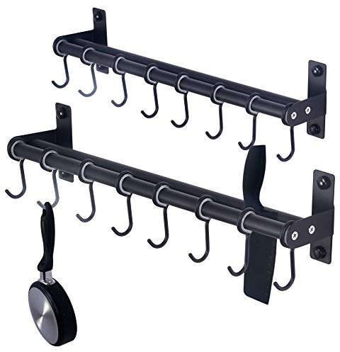 Dseap Pot Rack - Pots and Pans Hanging Rack Rail with 8 Hooks, Double Bars, Pot Hangers for Kitchen, Wall Mounted, Black, Pack of 2