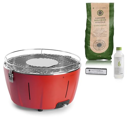 Classe Italy | Grill da Tavolo a Carbonella senza fumo. Con Batteria, Carbone e Gel INCLUSI. Barbecue portatile, si accende in soli 5 minuti. Barbecue da Campeggio. PAK Rosso Corallo