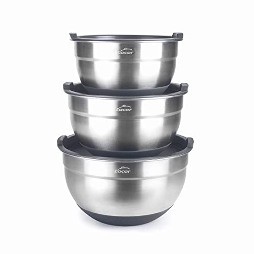 LACOR - 60051 - Set de 3 boles INOX, Cuencos, Ensaladeras, Recipientes para comida, Incluye Tapas, Apilables, Tamaños: 20 cm (3 L), 22 cm (3,8 L) y 24 cm (4,8 L)