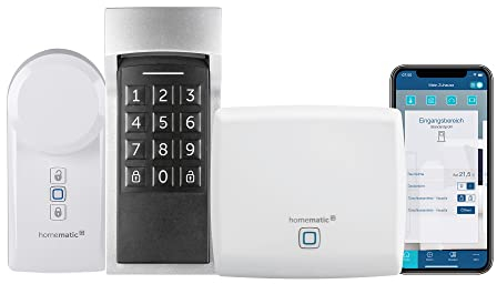 Homematic IP Smart Home Türschlossantrieb, elektronisches Türschloss, Smart Lock + Smart Home Keypad, Codeschloss für die Haustür + Homematic IP Access Point, Smart Home Gateway mit kostenloser App