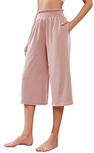 Famulily Ladies Summer Stretchy High Waist Cropped Trousers Yoga Wide Leg Lounge Pants with Pockets