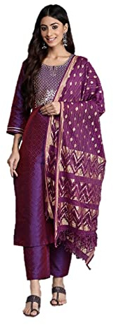 Conjunto de kurta Parvdi para mujer con dupatta estilo indio kurti palazzo pantalones para mujer ropa de fiesta, Púrpura & Dorado, S