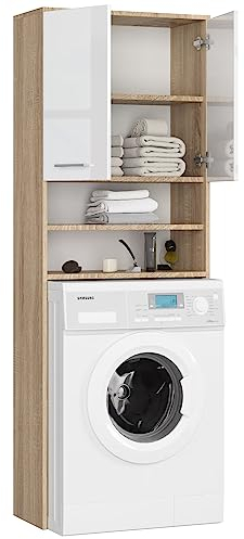 BDW Waschmaschinenschrank 180 x 64 x 30 cm – Glanz Badregal Hochschrank Waschmaschine Bad Schrank Badezimmerschrank Überbau Glänzend - Eiche Sonoma/Weiß