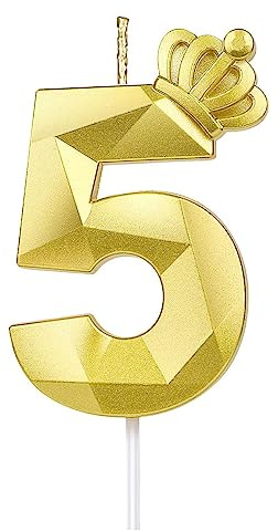 Vela número 5, vela grande de feliz cumpleaños de 7,6 cm con exquisita corona 3D diseñada para decoración de tartas para bodas, aniversarios, cumpleaños,reuniones,fiestas temáticas,celebración (Oro-5)
