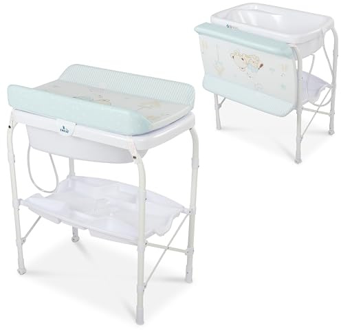 Toral Bañera Cambiador Bebe Mueble con Patas - Bañera Bebe Con Bandeja Separadora y Ruedas con Freno - Cambiador con Medidor de Altura - Modelo Azul