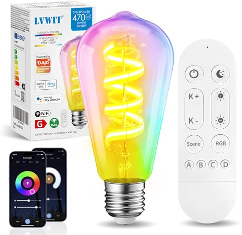LVWIT Smart Glühbirne E27 Lampe 6.3W 470LM, ersetzt 40W Leuchtmittel, RGBCCT Dimmbar 2700-6500K, Wifi Alexa Birnen via APP und Fernbedienung steuerbar, 1er-Pack
