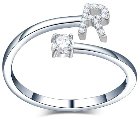 Only faith Anillos de letras iniciales Brillantes Zirconia cúbica Incrustada con acero inoxidable ajustable, Anillos abiertos de letras para mujer, joyería de moda circonita (R - PLATEADO)