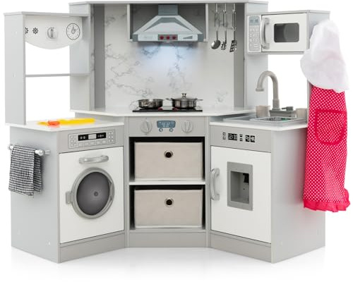COSTWAY Cocina de Madera para Niños, Cocinita Infantil con Luces y Sonidos Realistas, Campana Extractora Iluminada, Sistema de Circulación de Agua, Dispensador de Agua y Lavadora (Gris)