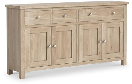 Farro Oak Extra Large Sideboard Cabinet for Living Room | Roseland Furniture Fully Assembled Washed Oak 4 Door Solid Wooden Storage Cupboard with Oak Top 2 Drawers for Hallway or Dining Room