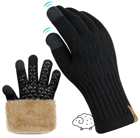 qpyysz Guantes de invierno para mujer, térmicos, lana de merino con forro polar, para pantalla táctil, Negro , S/M