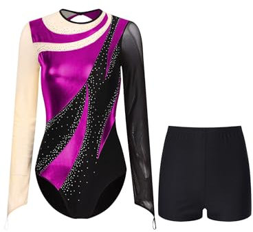 CHICTRY Metallic Ballettanzug Damen Langarm Strass Glitzer Gymnastik Body Rundhals Patchwork Tanzbody Cut Out Leotard Mit Stretch Shorts 2tlg Tanzkostüm Hot Pink L
