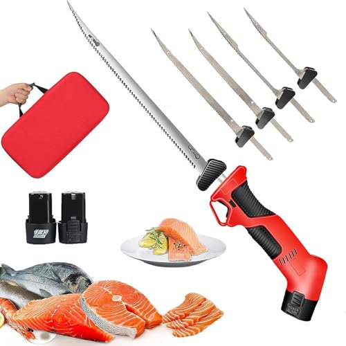 Coltello elettrico for filettare senza fili,coltello for filettare il pesce ricaricabile da 12V con 4 lame rivestite in acciaio inossidabile e 2 batterie, blocco di sicurezza e impugnatura antiscivolo