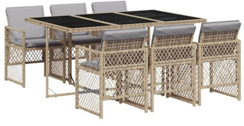 vidaXL Matgrupp för trädgården med dynor 7 delar beige konstrotting