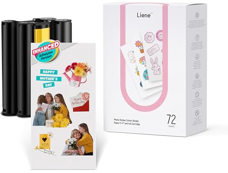 Liene Papier Autocollant & Cartouche (Adhésion Renforcée) – 2 Recharges d’encre + 72 Feuilles 10x18 cm, Sublimation Thermique Imperméable, Compatible avec Liene PixCut S1