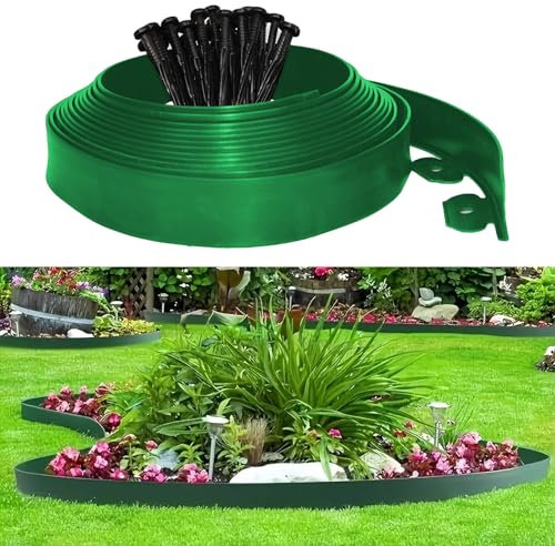 Bordura Giardino Plastica, Recinzione Giardino Esterno 5cm x 10m, Include 30 punte di ancoraggio e un paio di guanti, Recinzione Decorativa per Giardino (Verde, 5cmx10m)