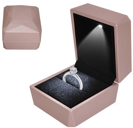 Colexy Ring Box mit LED-Licht, LED-Ringbox Beleuchtete, Samt Schmuck Geschenkbox mit LEDs-Innenbeleuchtung, Schmuck Präsentationsbox, für Verlobung Heiratsantrag Hochzeit, 5.8 * 6.3 * 5cm, Roségold