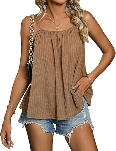 Sukiglam Women Cami Tops UK Summer Sleeveless Scoop Neck Strappy Vest Top Ladies Loose Fit Spaghetti Strap Tank Tops Casual Pleated Going Out Top Light Breathable Camisole Shirts Brown