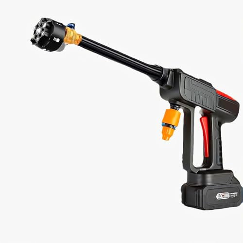 Hidrolimpiadora Batería sin Cable 6 en 1, Hidrolimpiadora de Alta Presión Portátil con 2 Baterías, Boquilla Multifuncional, Manguera de 10 m y Pulverizador de Espuma, para Coches, Terrazas y Riego