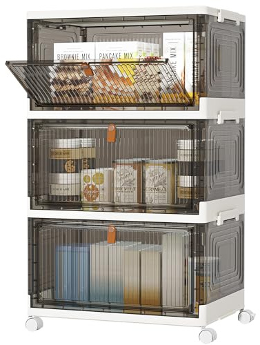 HOMIDEC Boîte Rangement Plastique avec Roues, Meubles de Rangement avec Couvercle, Caisse Rangement Pliante, 22L, 3 Pièces, Convient pour Ranger des Collations, des Jouets, des Vêtements, Gris Fumé