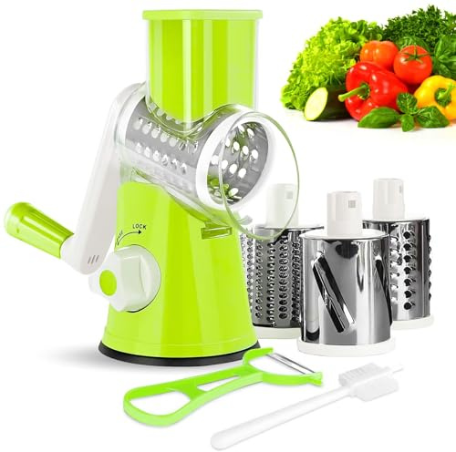 Rallador de Verduras Manual Cortadora de Mandolina de Tambor con 3 Blades Maquina Cortar Verduras Cortador Multifunción para Queso Rayadores para Cocina Verduras y Frutos Secos (Verde)