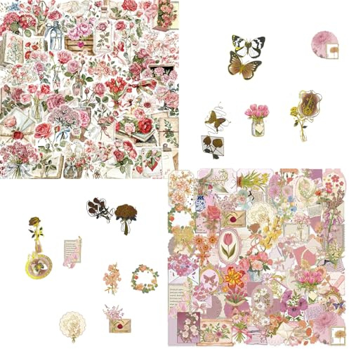 150 Pcs Blumen Aufkleber mit 100 Pcs Transparente Goldfolie Sticker, Wasserfeste PET Scrapbooking Sticker für Journaling Tagebuch Planer Laptops, Vintage Blumen Stickers für Kartenbasteln Handwerk