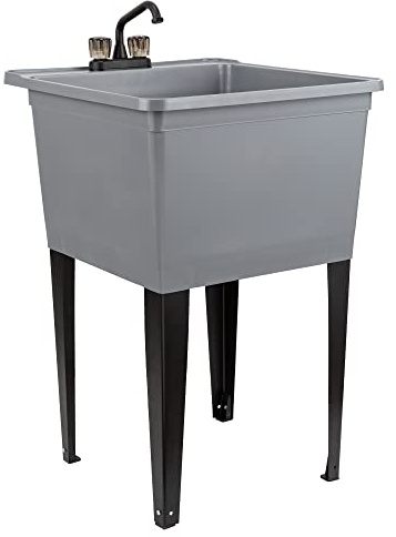 Tehila Basics by JS Jackson Supplies 21-Gallon Grey Freestanding Utility Sink with Black 2-Handle Faucet, Heavy Duty Plastic Laundry Tub with Adjustable Legs