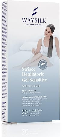 Waysilk | Strisce Depilatorie Corpo e Gambe Gel Sensitive, Per Pelli Sensibili, Con Acido Ialuronico, 20 Strisce + 4 Salviette Post Depilazione Con Aloe Vera