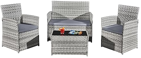 ASOWNSUN Grey Rattan Garden Furniture Set 4 piece Chairs and Table, Indoor Outdoor Patio Conversation Set