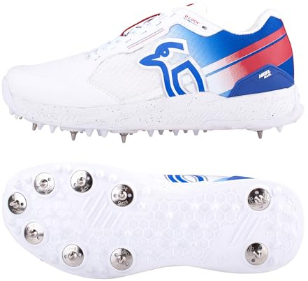 Kookaburra Hat KC 1.0 Spike Cricket Shoe, Zapatillas para críquet Unisex Adulto, Blanco, Azul y Rojo, 11 UK