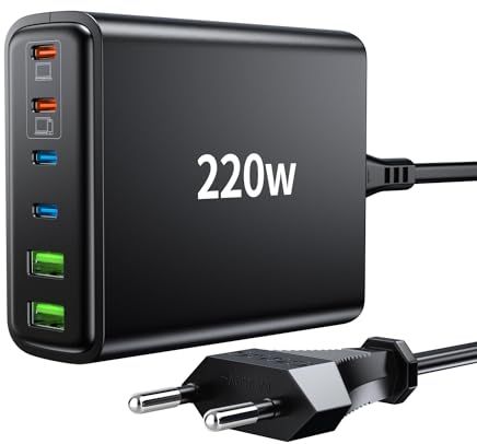 FINIBO USB C Ladegerät Mehrfach: 220W 6 Ports USB Schnellladegerät - PD USB C Netzteil + QC USB A Charger USB C für Smartphone, Samsung, iPad, Pixel und Anderen USB-Geräten Schwarz(4 USB-C + 2 USB-A)