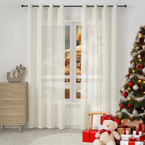 WOLTU 2er Set Gardinenn mit Ösen, Vorhang für Wohnzimmer Schlafzimmer, Leinenoptik, Halbtransparent, modern, 135 x 225 cm, Creme