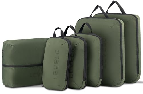 LEVEL8 Packing Cubes - Set da 6 pezzi, espandibile, organizer per valigie, con chiusura lampo, cubo con compressione, verde