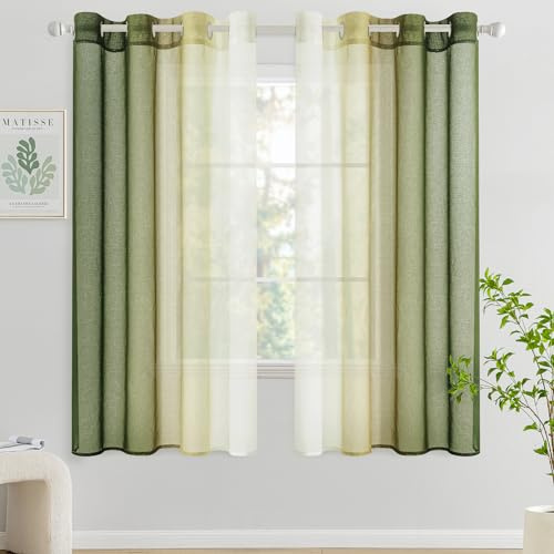 Woaboy Cortina Corta Ventana Translúcida Visillo Dormitorio con Ojales Moderno Decorativas Poliéster Visillos Degradado Gradiente para Habitación Salon 2 Piezas 140x175cm Verde