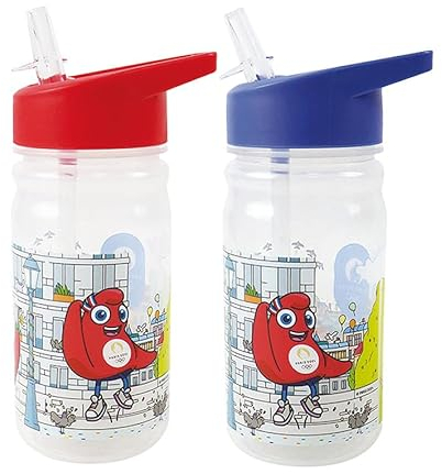 Fun House JEUX OLYMPIQUES PARIS 2024 GOURDE AVEC PAILLE JO 380 ML POUR ENFANT - VAISSELLE REUTILISABLE - ROUGE OU BLEU