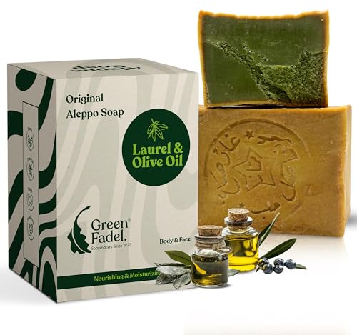 GREEN FADEL Aleppo Seife Original, Olivenöl & Lorbeeröl, 1 x ca. 200g, Olivenölseife, Kernseife Naturseife, Handgemacht, Vegan