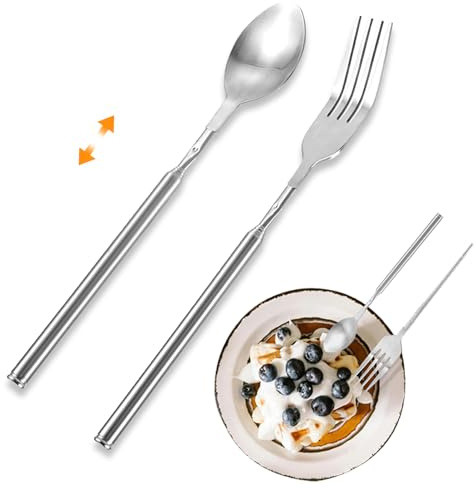 Xiciki Utdragbar gaffelsked, teleskopisk gaffel och sked i rostfritt stål, infällbara skedar utdragbar förlängningsgaffel sked förlängs till 63,5 cm för grill och frukt