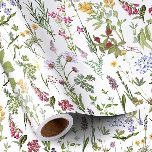 RUSPEPA Rotolo Di Carta Da Regalo Floreale Per Donne E Ragazze, Mini Rotolo, Elegante Carta Da Regalo Con Motivo A Fiori Selvatici, Perfetta Per Compleanni, Addio Al Nubilato, 43,2 Cm X 5 M