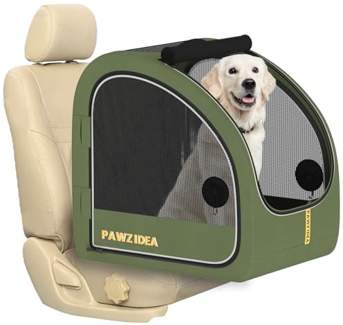 PAWZIDEA Portable Dog Crate for Car Travel, Collapsible Pet Travel Crates for Medium & Large Dogs Up to 80lbs, Enclosed Soft-Sided Car Kennel Carrier for Backseat, Secures w/Seatbelt & Headrest Strap