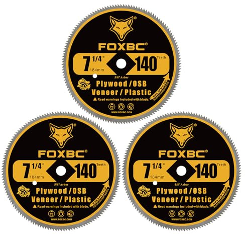 FOXBC 7-1/4 Inch 140 Tooth Fine Finish Carbon Circular Saw Blade for Plywood, OSB, Plastic, Veneer, Vinyl Wood Cutting with 5/8-Inch Diamond Arbor