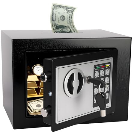 MAESTON Mini Electronic Safe Box with Digital Keypad & Keys, Small Safe Deposit Boxes with Coin Slot, Safety Boxes for Home Office Dorm, Money safe, For Cash, Jewelry, Passport,Gun(Black)