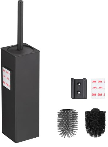 BVL Scopino Bagno WC da Parete Nero, Scopino WC Silicone Adesiva Senza Foratura, Incluse 2 Testine, Spazzolone Bagno WC in Metallo Quadrato