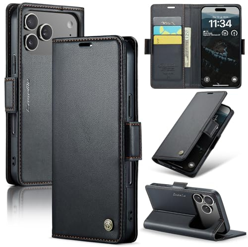 Rerzoiro fodral för iPhone 17 Pro, premium PU-läder telefonfodral med RFID-blockering, ställ, kortplats, magnetiskt skydd, flip bok plånboksfodral för iPhone 17 Pro, Svart