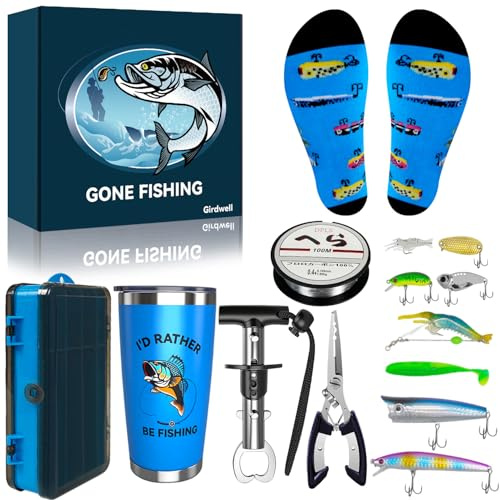 Girdwell 14 Pcs Fishing Gift Easter Baskets Set for Teen Boys,Gifts Set for Men with Fishing Tools,20 Oz Tumbler,Fish Lip Gripper,Fish Line,Lure Hook for Practical Gifts for Anglers Loves Fishing