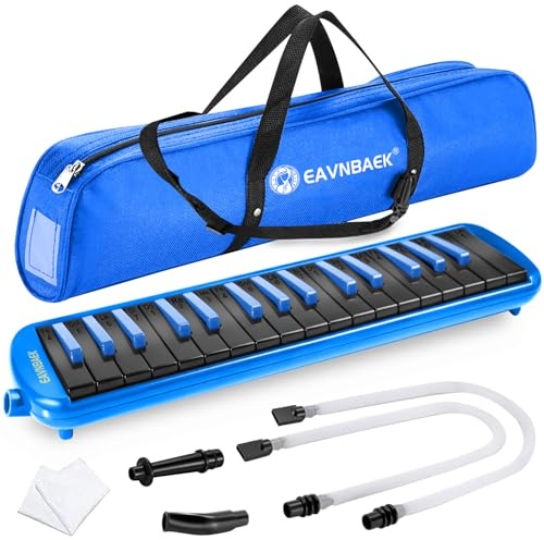 Eavnbaek Melodica Instrument, Professional Mouth Air Piano Keyboard Musical Instrument with Short Mouthpiece, Carry Case and Cloth (Black + Blue, 32 Keys)