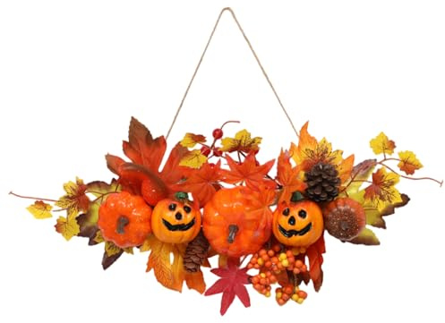 Corona de otoño de Calabaza de Calabaza Holla de Halloween para Puerta de Entrada con Cuerda Colgante para Decoraciones de Halloween de Acción de Gracias