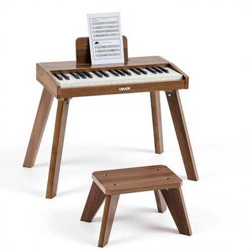 VEVOR Clavier Piano Électronique Enfant 37 Touches Piano Électronique Bois Mini Jouet Musical Éducatif pour Tout-petits Garçons Filles, avec Banc, Double Alimentation, Volume Réglable, Couleur Noyer