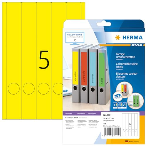 HERMA Self Adhesive Spine Labels, 5 Labels per A4 Sheet, 20 Sheets, 38 x 297 mm, 100 Labels, Blank Lever Arch File Folder Labels Stickers, Sticky Labels for Laser & Inkjet Printer, Yellow
