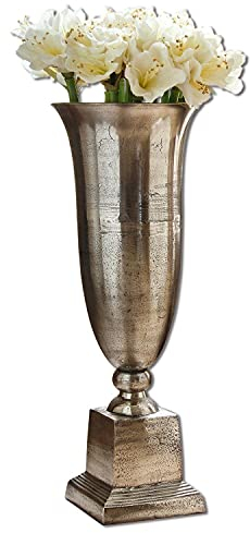 Loberon Bodenvase Belfort, handgearbeitet, Klassische Pokalform, matt gebürstet, imposante Höhe, Wohn-Accessoire, Aluminiumguss, antiksilber