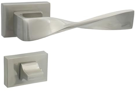 domino Türgriff Drückergarnitur WC - Badezimmer Set mit rechteckigen Rosetten für Badezimmertüren Set WC - Rosetten-Garnitur Türbeschläge aus Legierter Stahl Nickel TWIST-RT M9