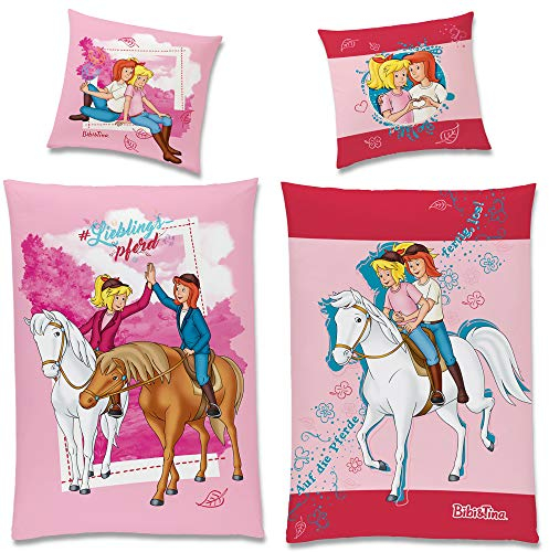 Bibi und Tina Kinder Wende-Bettwäsche Lieblingspferd 135x200 cm + 80x80 cm 100% Baumwolle Linon mit YKK-Reißverschluss Bibi Blocksberg Tina Martin Pferde-Bettwäsche Sabrina Amadeus Deutsche Größe